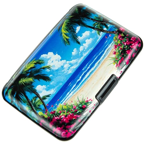Kaabao Porta-cartão de crédito para mulheres e homens, carteira com bloqueio de RFID, pequena empresa, de metal, fina, mini capa rígida de alumínio, Palmeiras tropicais de praia, Small, Minimalista