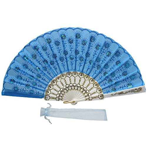 Newstarfactory Folding Fans For Women,Handmade Elegant Colorful Embroidered Flower Peacock Pattern Sequin Fabric Folding Fans (Blue) #TOP19