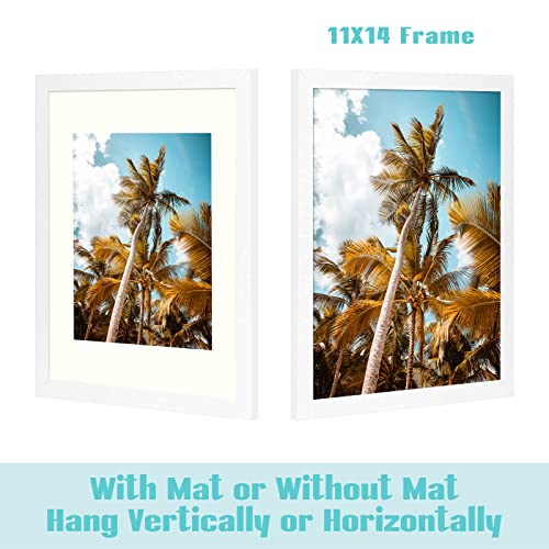 Image of Frametory, 11x14 Picture Frame with Mat for 8x10 Photo - High Definition Glass Wide Molding - Preinstalled Wall Mounting Hardware (White, 8 Pack)