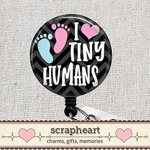 I Love Tiny Humans Retractable Badge Reel, NICU L&D OB Pediatric Badge, Unique Neonatal Nurse Baby Feet Gift, Baby Feet Button Badge Holder