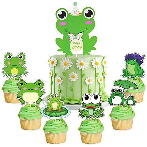LaVenty 13 PCS Frog Birthday Party Supplies Frog Birthday Cake Topper Frog Birthday Cake Decoration Frog Cupcake Toppers Frog Cupcake Decoration Frog Birthday Party Decoration Cover