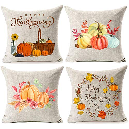Freeas 4 Stück Kissenbezug, Halloween Kürbis Zierkissenbezüge Leinen Werfen Sie Kissenbezüge für Zuhause Sofa, Schlafzimmer und Auto Dekoration 45 x 45 cm (A) Cover