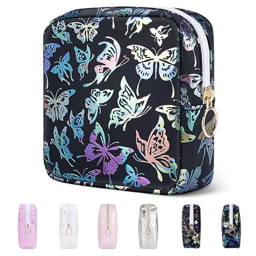 Image of Likesing 5.1 inch Mini Makeup Bag for Purse, Leather Small Makeup Pouch Travel Cosmetic Make up Bags for Women Girls, Cute Preppy Mini Toiletry Bag Coin Pouch Period Bag(Dancing Butterfly Black)