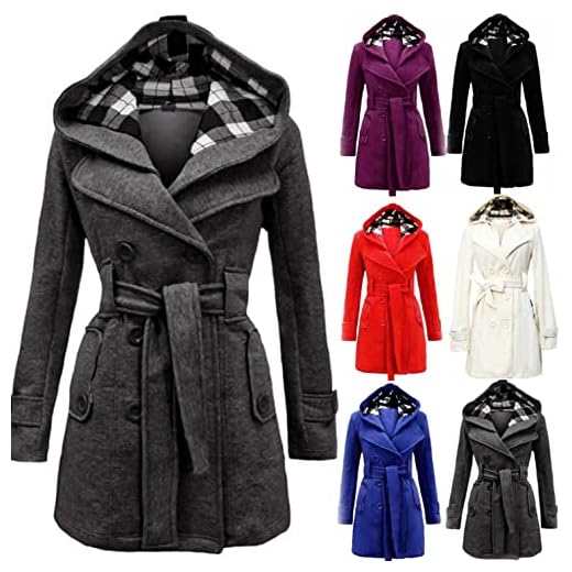 Trenchcoat femme long avec capuche Veste d'hiver pour femme élégante unie revers chaud doublé double rangée avec ceinture Automne et hiver Manteau long léger Veste coupe-vent parka, Noir , L