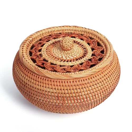XALVYNQ Handwoven Rattan Basket with Lid | Multi-Use Storage Organizer for Kitchen, Living Room & Gifts | Natural Wicker Box(Short:9.06?D*5.12?H)