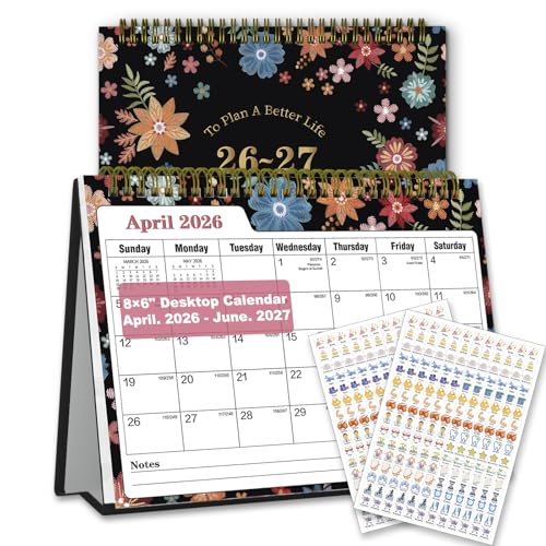 Small Desk Calendar 2026-2027 - Standing 2026 Desk Calendar APR.2026 to JUN.2027 8 x 6 Monthly Flip Desktop Calendar with Stickers Your Personal Desk Planner for Home Office