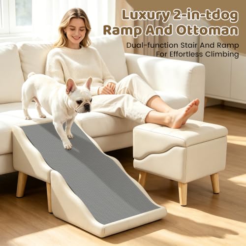 Image of Dog Stairs for Small Dogs 16 inch H, Foldable 2-in-1 Ottoman Dog Ramp for Couch | 2026 New Non-Slip Pet Steps, Pet Ramp Stairs for Small, Puppy, Senior and Injured Dogs (Beige)