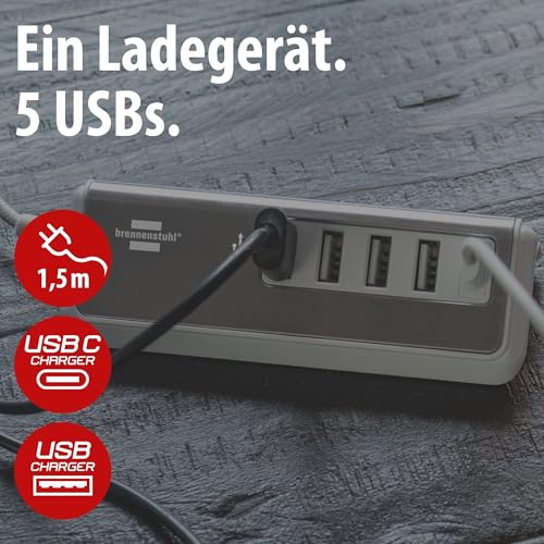 brennenstuhl®Estilo USB Ladegerät mit Schnellladefunktion/Mehrfach Ladestation mit Edelstahloberfläche und 1,5m Textil-Kabel (1x USB C Power Delivery und 4X USB-Ladebuchse)
