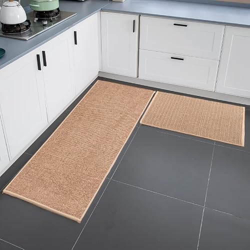 losbulake Kitchen Rugs and Mats Washable,Non Skid Rugs for Kitchen,Natural Rubber Bottom Kitchen Mat,Suitable for Kitchen Carpet in Front of Kitchen Sink. (17"x30"+17"x47", Camel)