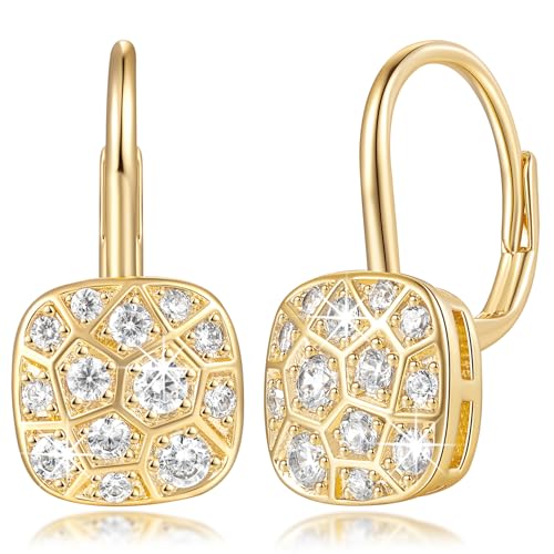 Gold Earrings for Women 14K Gold Hoop Earrings for Women Hoops Dangle Drop Leverback Earring for Womens with Cubic Zirconia Modern Geometry Meets Art Deco Hoop Earring for Womens