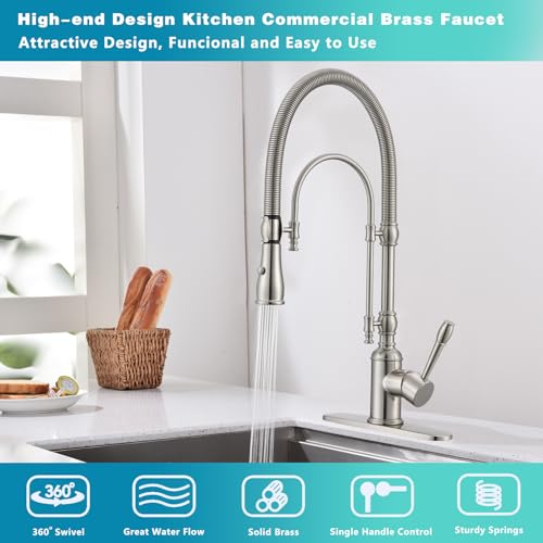 Image of Classical Commercial Copper Kitchen Faucet, Single Handle Spring High Arc with 360 Swivel Pull Down Spray, Brushed Nickel Finish & Deck Plate for Farmhouse Sink