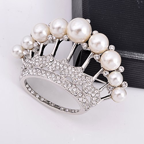 Image of Large Gold Tone Crystal Queen Crown Pin Brooch With Pearl Wedding Bridal Pin