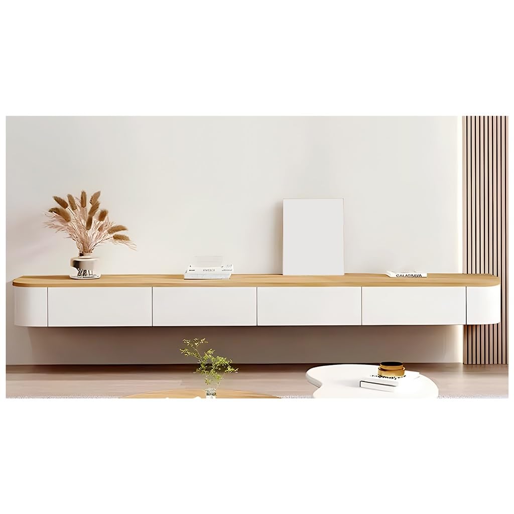 Mueble De TV De Pared Blanco, Mueble De TV Flotante Con Almacenamiento, Banco De TV De Madera Con Cajón, Orificio Para Gestión De Cables, Parte Trasera Hueca, Consola Multimedia(Natural,240x24x20cm)
