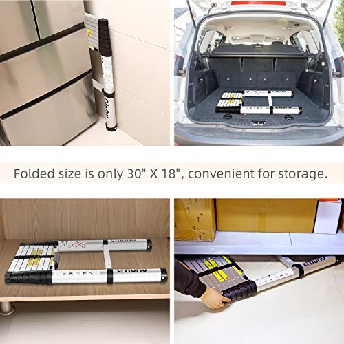 Ohuhu 8.5 FT Aluminum Telescoping Ladder, ONE-Button RETRACTION Extension Ladder, Extendable Ladder with Spring Loaded Locking Mechanism, Collapsible Ladder for Roof Ceiling RV, 330 Pound Capacity