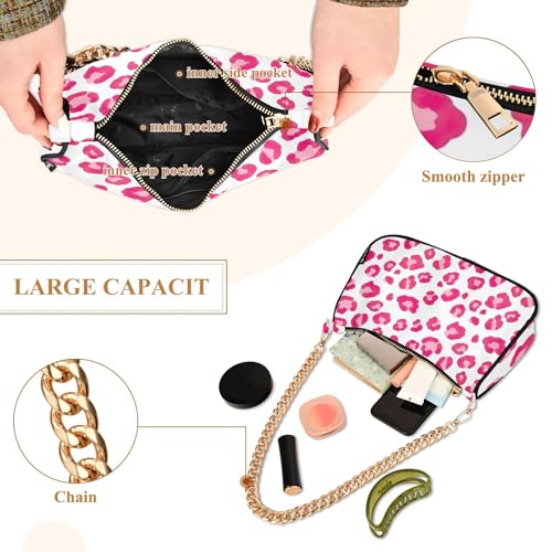 Pink Leopard Spots White Ladies Shoulder Bag for Women Casual Purse Hobo Vintage Medium Handbag Tote Zipper Closure4