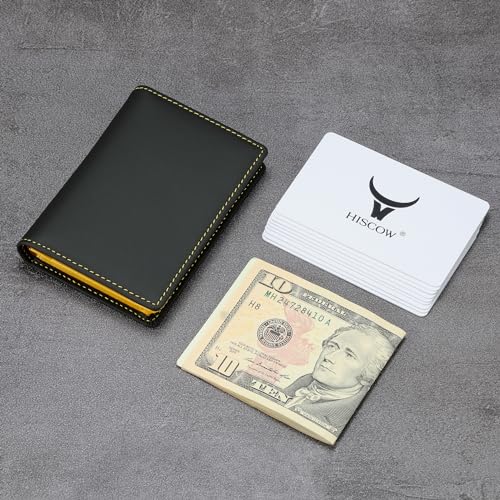 Image of HISCOW Full Grain Leather Business Card Holder Case | Minimalist EDC wallet, gusset holds 25 cards, ID window, fits folded bills, bifold profile, premium gifts for men & women