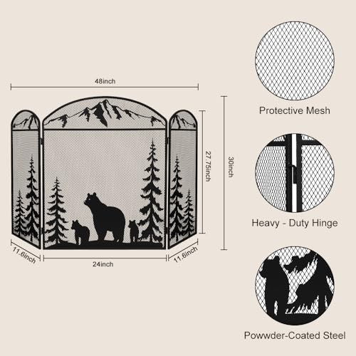 Image of Hogardeck 48 inch x 30 inch Fireplace Screen, 3 Panel Fire Place Cover for Living Room, Christmas Decoration Gate with Polar Bear for Brick Fireplace, Baby Proof, Pet Safety