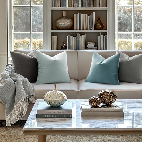 Image of MIULEE Pack of 2 Velvet Pillow Covers Decorative Square Pillowcase Soft Solid Cushion Case for Sofa Bedroom Car 12 x 12 Inch Baby Blue