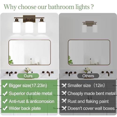 Image of 3-Light Bathroom Light Fixtures, Vanity Light with Milky White Shades, Oil-Rubbed Bronze Bathroom Light Fixtures Over Mirror, Modern Bathroom Wall Lamp for Mirror Living Room Cabinet Bedroom