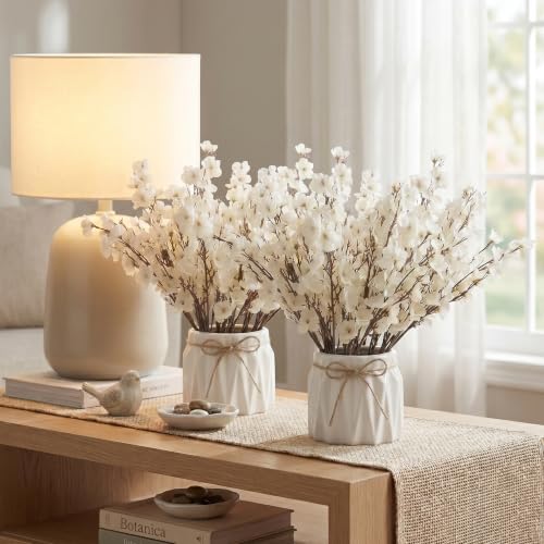 Image of Dekorly Artificial Lavender Plant in White Pot, 18cm - Realistic Faux Flower Arrangement for Home & Office Decor (Set of 1) (2, White Baby's Breath Flower)