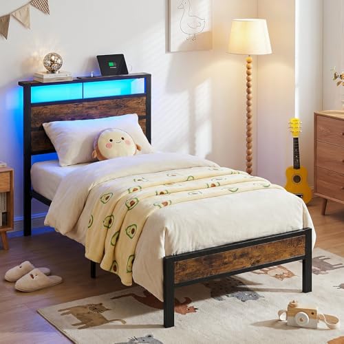 Image of Twin Bed Frame with LED Lights & USB Charging Station | Metal Platform Bed with Storage Headboard, Under Bed Space, Noise Free, No Box Spring Needed, Easy Assembly, Brown