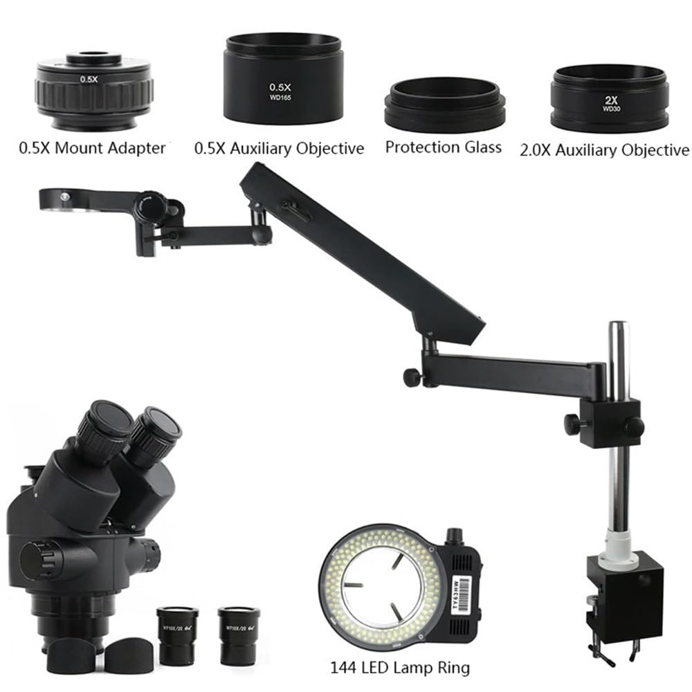 Microscope 3.5 7X-45X 90X Simul Focal Parfocal Trinocular Stereo Microscope 144 LED Light Articulating Arm Pillar Clamp for Lab Repair, 25MM Column/ 32MM Column ?Optional?(32MM)