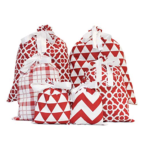 6 Red Elegant Fabric Christmas Gift Bags for Xmas Party Favors, Holiday Gift Giving, Goody Bags, Holiday Presents Décor, Giant Gifts Decorations