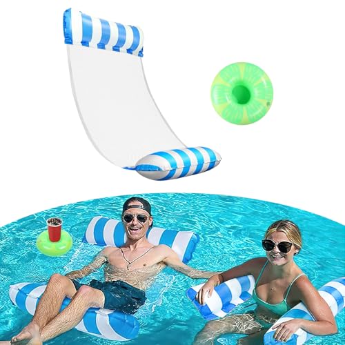 TAIHOBO Hamaca de Agua, 4 en 1 Hamaca Flotante Piscina, 1 Piezas Hamaca Agua Fácil de Llevar, Hamaca Hinchable Piscina con 1 Posavasos Inflables, Colchoneta Red Piscina para Adultos y Niños (Azul)