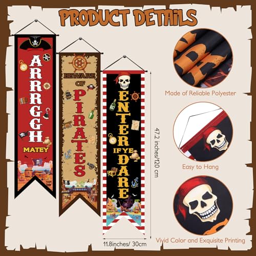 Image of Chiisong 3 Pcs Pirate Banners Beware of Pirate Porch Sign Treasure Hunt Hanging Flags Skull Halloween Party Decorations Birthday Photo Props Backdrop Supplies for Outdoor Door Wall Yard Camping