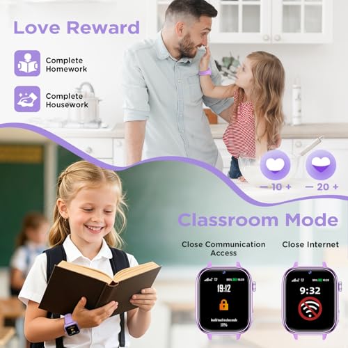 Nuevo 4G Reloj Inteligente Niño con Videollamada & GPS, Smartwatch Niños con SOS, Chat de Voz, Modo Escuela, Podómetro, Despertador, Monitor de Sueño IP68 Impermeable Regalo para Niños Niñas, Púrpura 5