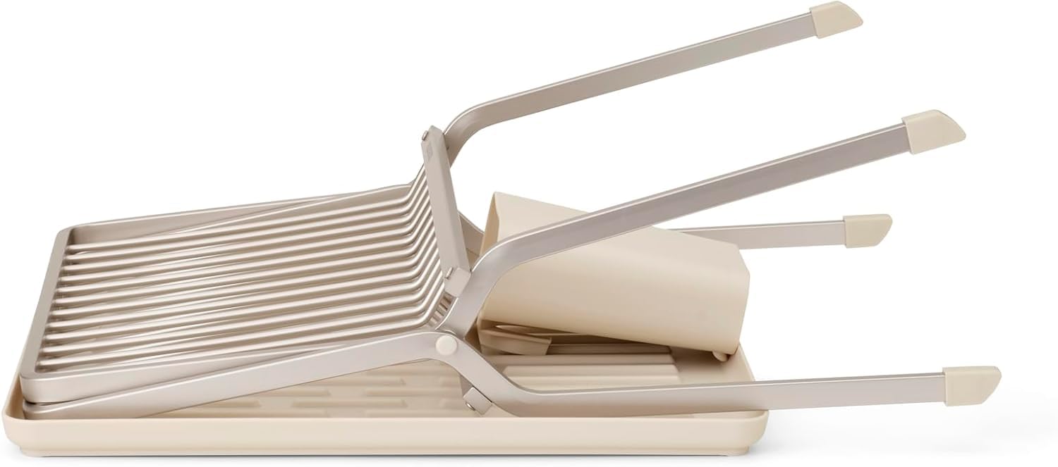 Brabantia SinkSide Escurridor para fregadero plegable (Soft Beige), escurridor de platos para fregadero con escurridor de cubiertos extraíble, versátil para la vajilla