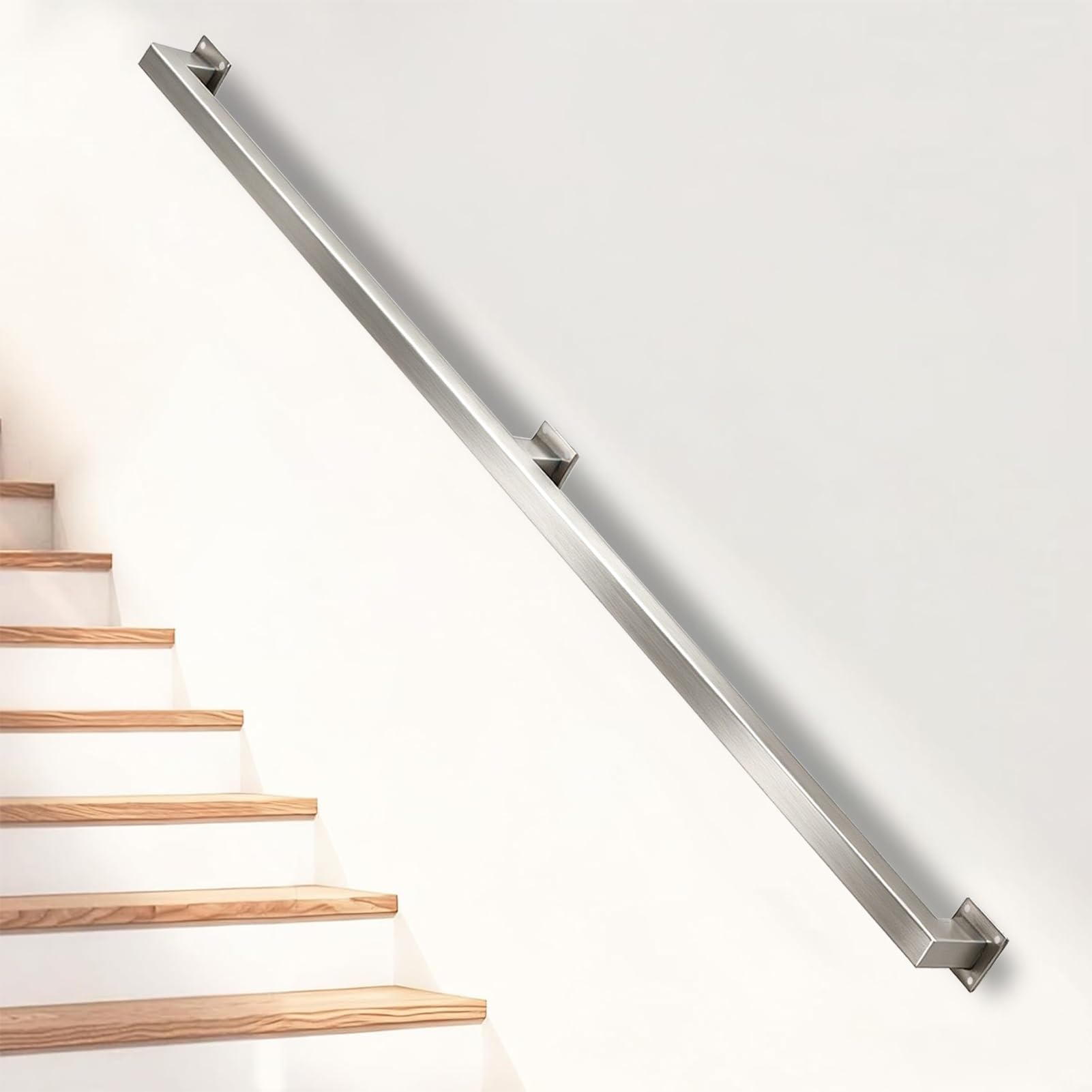 Drsyffsup Silver Handrail for Stairs, 60cm 80cm 1m 2m 2.5m 3m 4m 5m 6m Wall Mount Staircase Banisters Railing Support Rod, Non-slip Square Pipe Hand Rail for Indoor and Outdoor(17ft/5.1m)