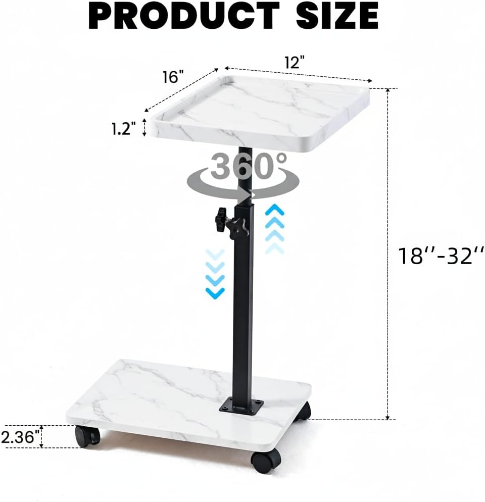 C Table End Table Adjustable Height,C Shaped End for Couch，Snack Tables,360°Swivel TV Tray Sofa Table,Tables that Slide Under,Coffee SideTable for Bed,Chair,Bath-tub (White Grain Color)