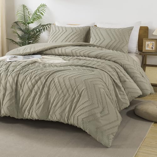Image of Andency Oatmeal Comforter Set Queen Size, Boho Soft Warm Tufted Bedding Comforter Sets for Queen Size Bed, 3 Pieces Aesthetic Chevron Farmhouse Cute Bohemian Textured Bed Set