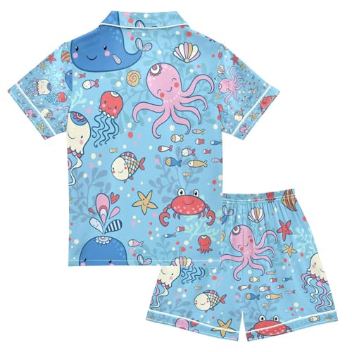 senya Blue Fish Octopus Marine Satin Summer Pajama Sets Silk Short Sleeve Button Down Sleepwear2