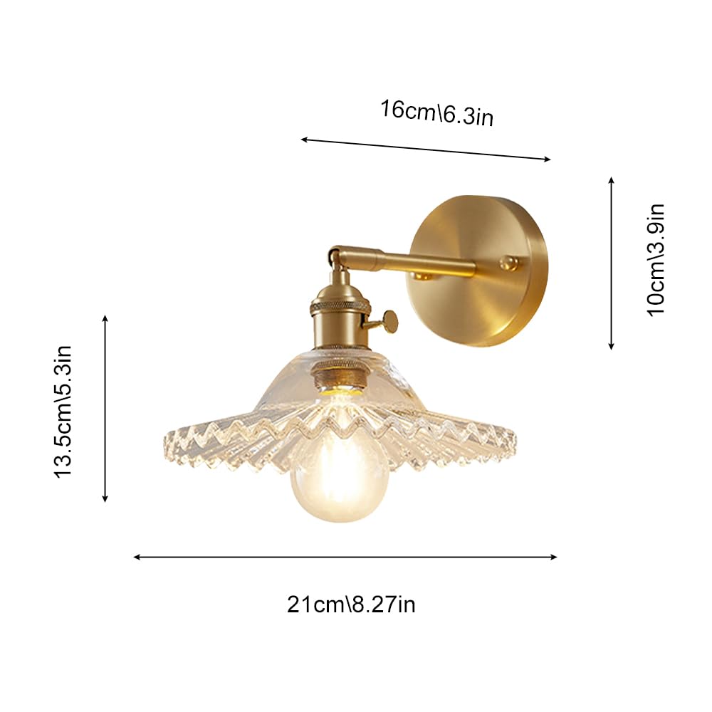 Applique da Parete Vintage con Paralume in Vetro, Applique in Ottone Regolabili a 90 Gradi, apparecchio di Illuminazione da Parete Moderno cablato con Interruttore per Comodino, Camera da Letto,