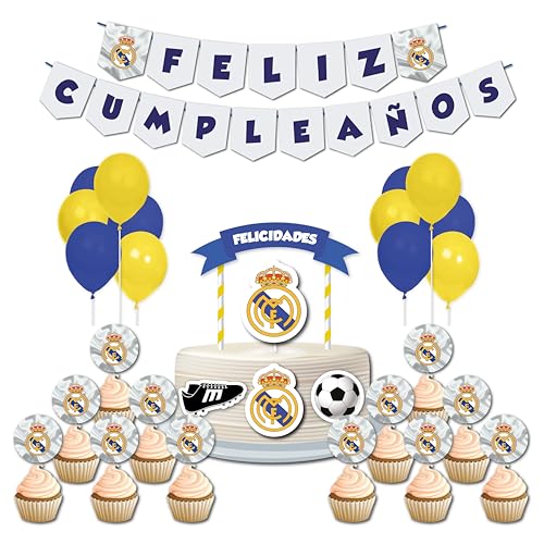 Decoración Cumpleaños Madrid - 2 Banderines, 1 Cake Topper, 12 Toppers, 12 Globos - Diseño para Fiestas Infantiles (Pack 1)