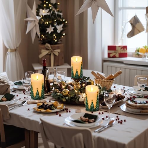 Image of Wondise Christmas Flameless Candles with Timer, Battery Operated Flickering 3D Wick Real Wax Christmas Tree Candles for Christmas Holiday Indoor Decoration, Set of 2, Ivory(D3 x H5.7 Inch)