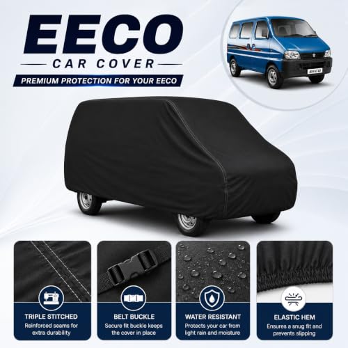 Image of Polyester Car Body Cover Compatible for Maruti Suzuki Eeco [2010-2025] All Variants | Water Resistant Heavy Stitched with Piping | All Weather Protection Cover - Black