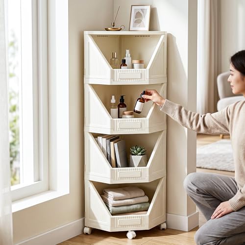 Image of VERAT 4 Tier Plastic Corner Storage Cabinet Foldable Cupboard with Layer Locking System Multipurpose Storage Organizer Rack for Clothes Books Toys and Home Decor White (Off White)