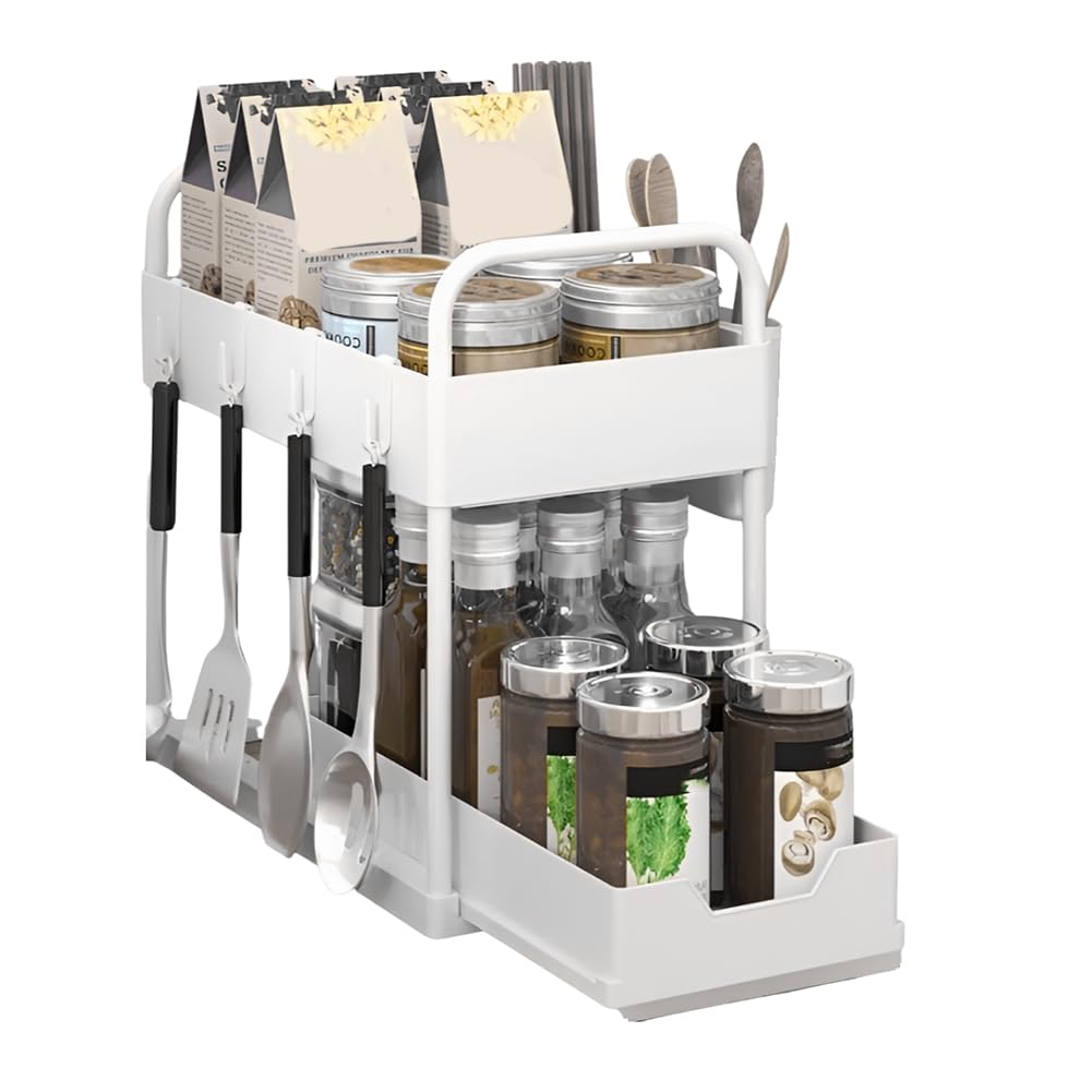 CTRLZS Multifunctional Kitchen Rack Pull-Out Spice Rack Double-Layer Cabinet Storage Rack White