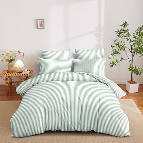 Image of Nayoroom Green Striped Duvet Cover Queen White Stripe Bedding