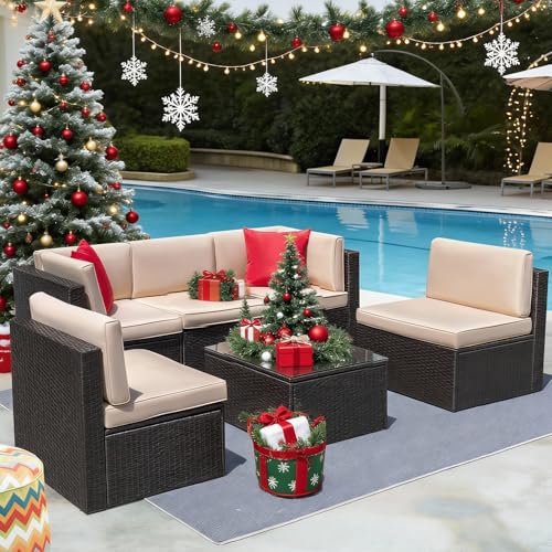 Devoko Patio Furniture Sets 6 Pieces Sofa für den Außenbereich, manuelles Weben, Rattan, Terrassen-Gesprächsset mit Glastisch und Kissen (Beige), Stahllegierung, 1