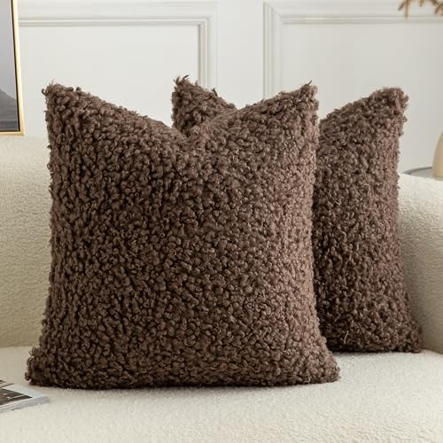 Image of Pack of 2 Curly Teddy Wool Faux Fur Throw Pillow Covers Fuzzy Accent Soft Sherpa Pillowcases Sheepskin Fleece Decorative Cushion Case for Sofa Couch Living Room 20x20 Inch Chocolate