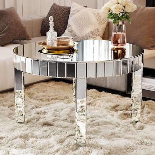 Maotifeys Round Mirrored Coffee Table with Silver Mirror Mosaic Design, 31.5