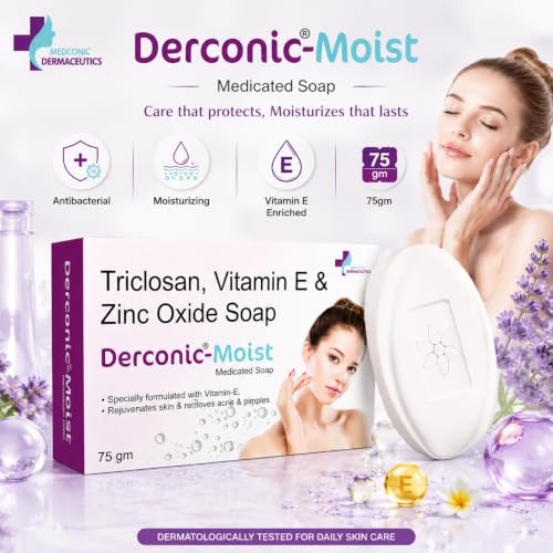 Image of Derconic Moist Antibacterial Soap with Triclosan, Vitamin E & Zinc Oxide | Acne & Pimple Removal Moisturizing Medicated Soap for Men & Women | 75 gm