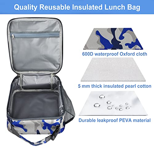 Insulated Lunch Bag, Leakproof Portable Lunch Box For Women Men Boys Girls, Large Capacity Cooler Bag With Handle And Bottle Pocket For Office School Camping Hiking Outdoor Beach Picnic (Camo Blue) #TOP1