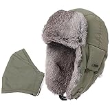 Comhats Earflap Hat Men's Trooper Trapper Hat 100% Rabbit Fur Lined Russian Hats Ushanka Army Green
