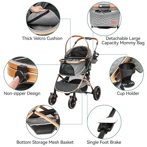 YITAHOME Hundewagen 3 in 1 Hundebuggy Bis 22kg, Klappbar, Hundewagen für Kleine Hunde, Hundebuggy Kleine Hunde, Hunde Buggy, katzenwagen, Faltbar Hund Kinderwagen, Tragbarer Kinderwagen (Grau)