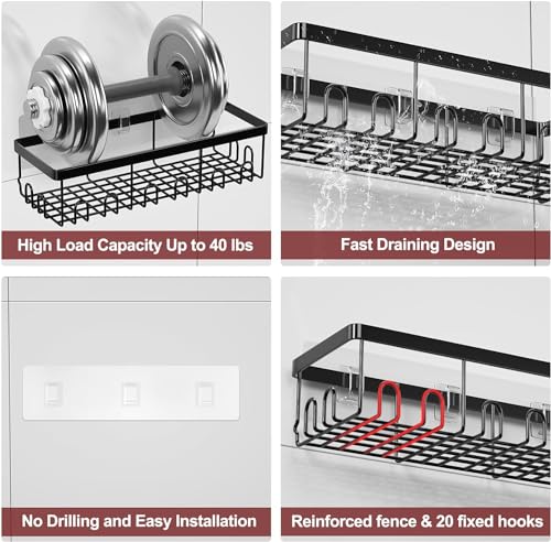 Image of iSTAR Stainless Steel Self Adhesive Multipurpose Bathroom Shelves with Hooks Wall Mount Storage Shelf Racks Bathroom Accessories Organizer, (Black,Powder Coated) Pack of 1